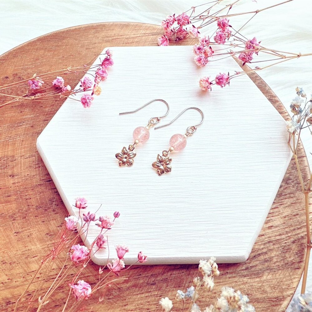 Strawberry Quartz with Gold Flower Charm Earrings | Handmade in BC